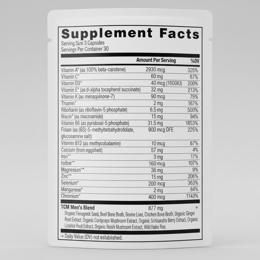 Supplement facts label with detailed nutritional information on a white background