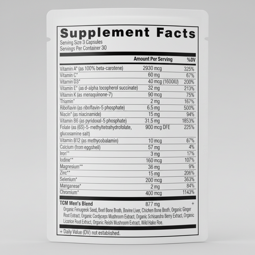 Supplement facts label with detailed nutritional information on a white background