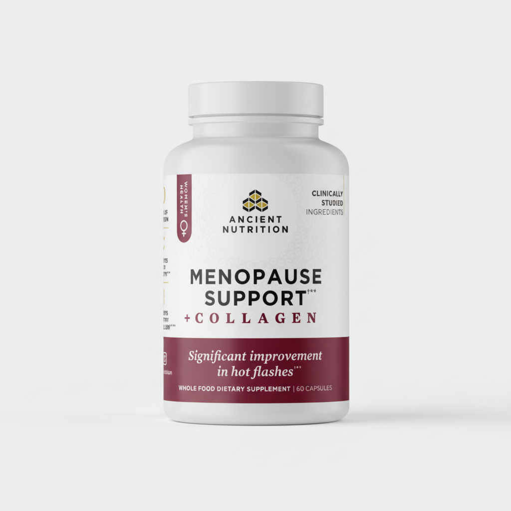 Supplement bottle labeled 'Menopause Support + Collagen' by Ancient Nutrition on a white background