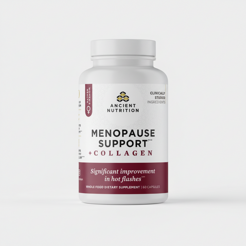 Supplement bottle labeled 'Menopause Support + Collagen' by Ancient Nutrition on a white background
