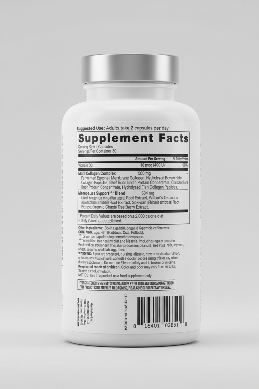 Supplement label with detailed ingredient list and usage instructions on a white background