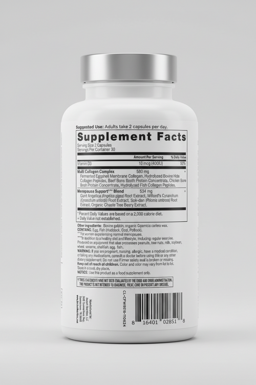 Supplement label with detailed ingredient list and usage instructions on a white background