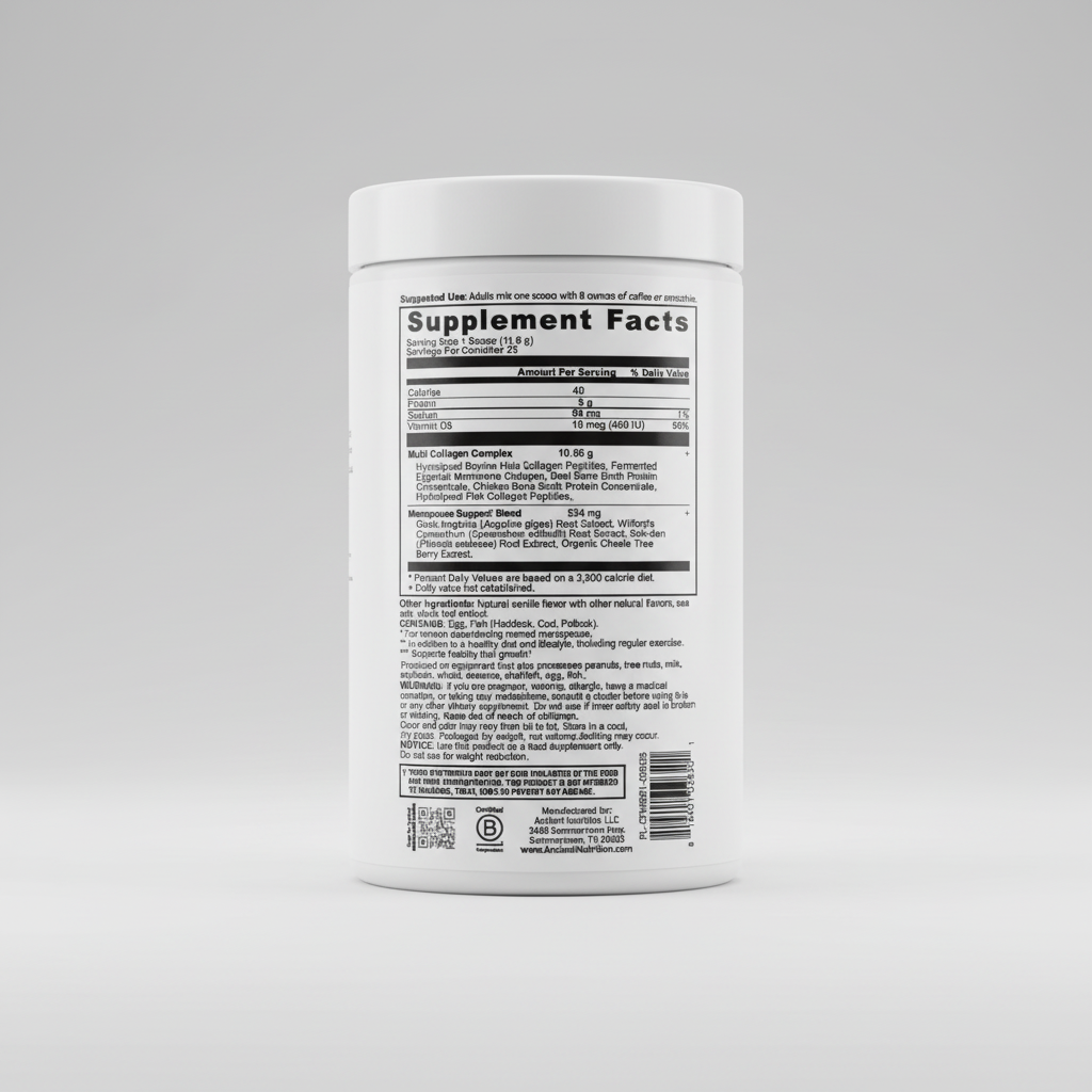 Supplement label with detailed nutritional information on a white background