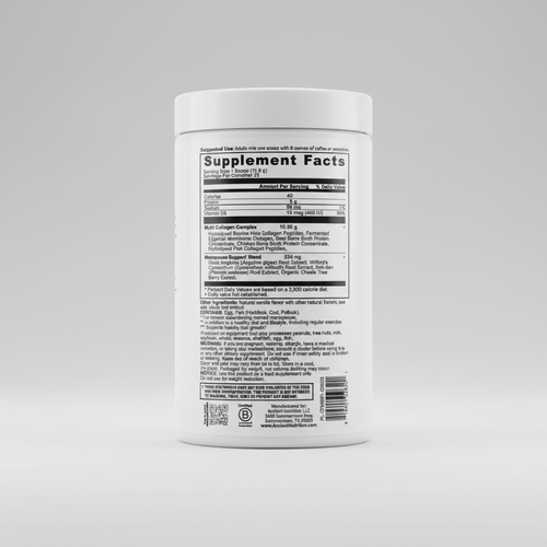 Supplement label with detailed nutritional information on a white background
