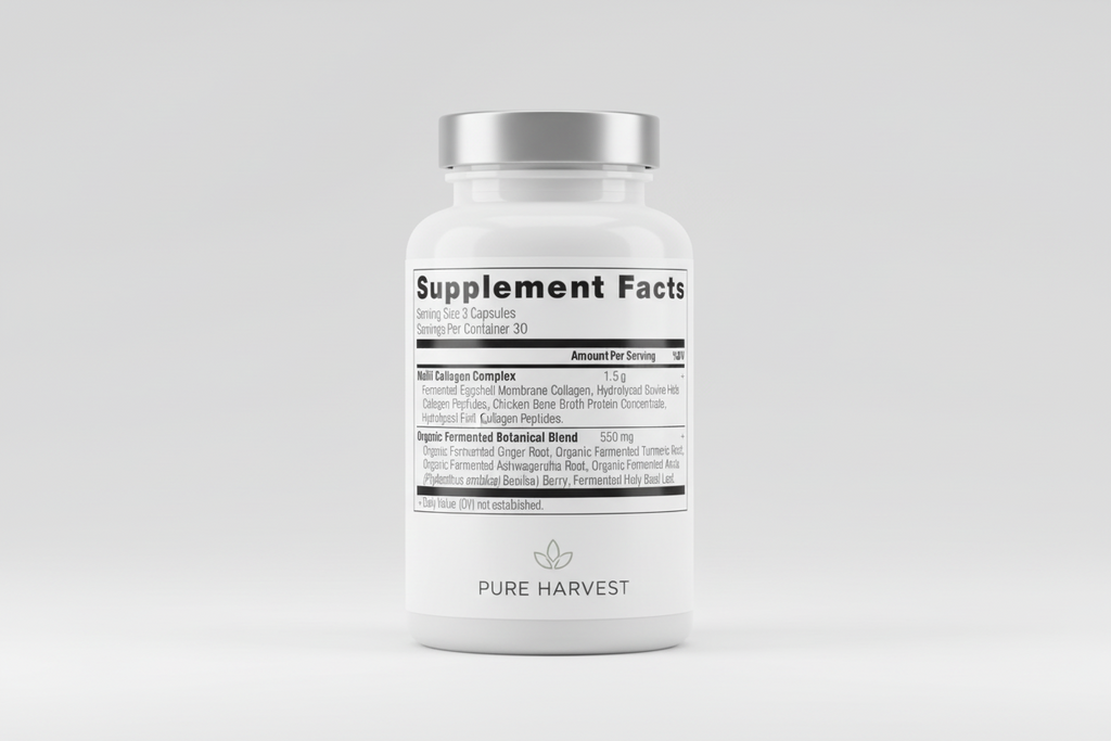 Supplement facts label for a multi-collagen complex and organic fermented botanical blend.