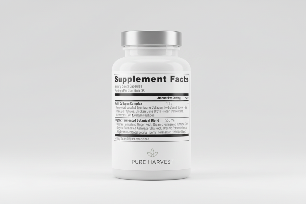 Supplement facts label for a multi-collagen complex and organic fermented botanical blend.