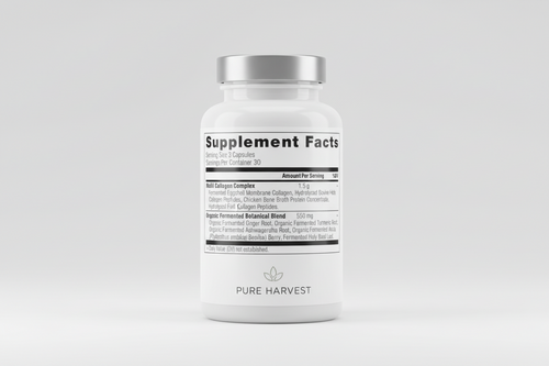Supplement facts label for a multi-collagen complex and organic fermented botanical blend.