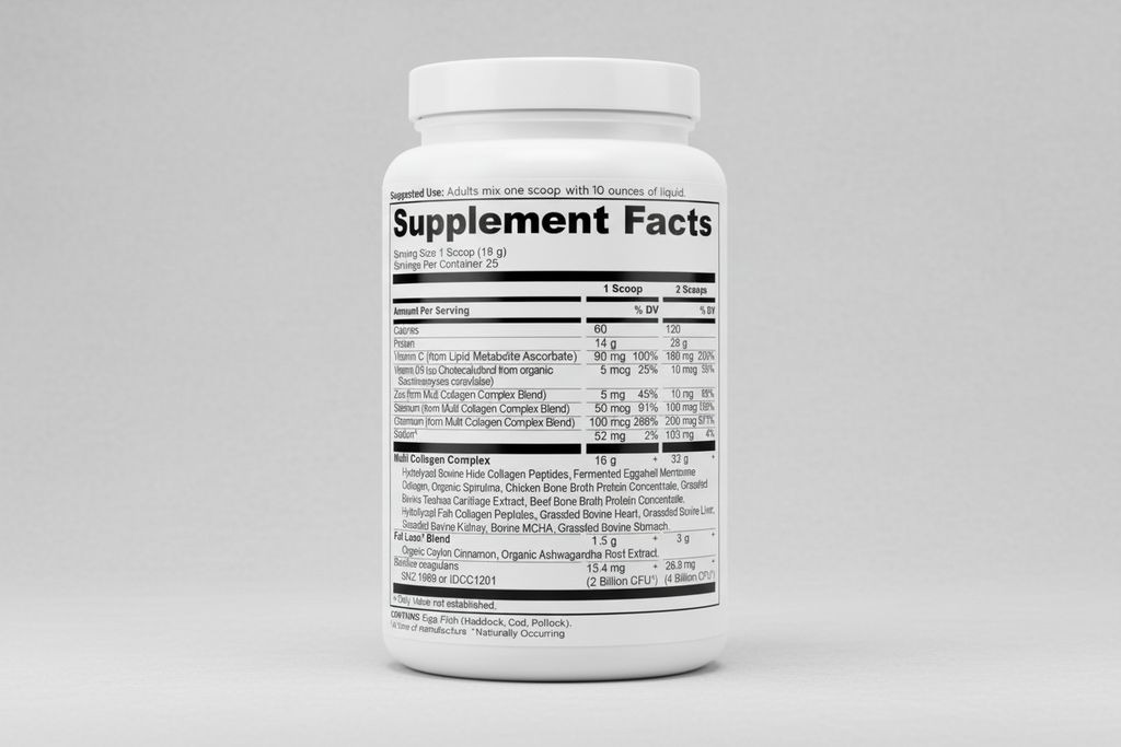 Supplement facts label with detailed nutritional information on a white background