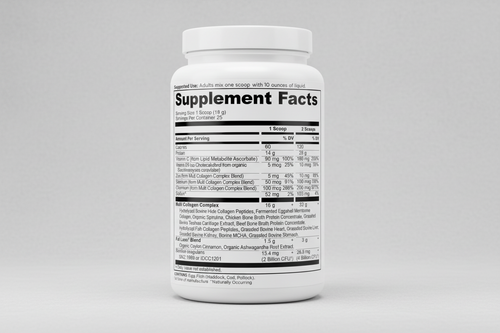 Supplement facts label with detailed nutritional information on a white background