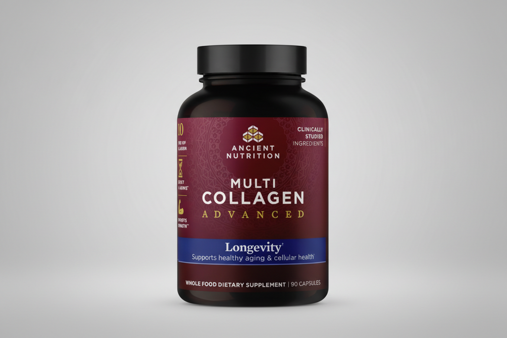 Ancient Nutrition Multi Collagen Advanced supplement bottle on a white background