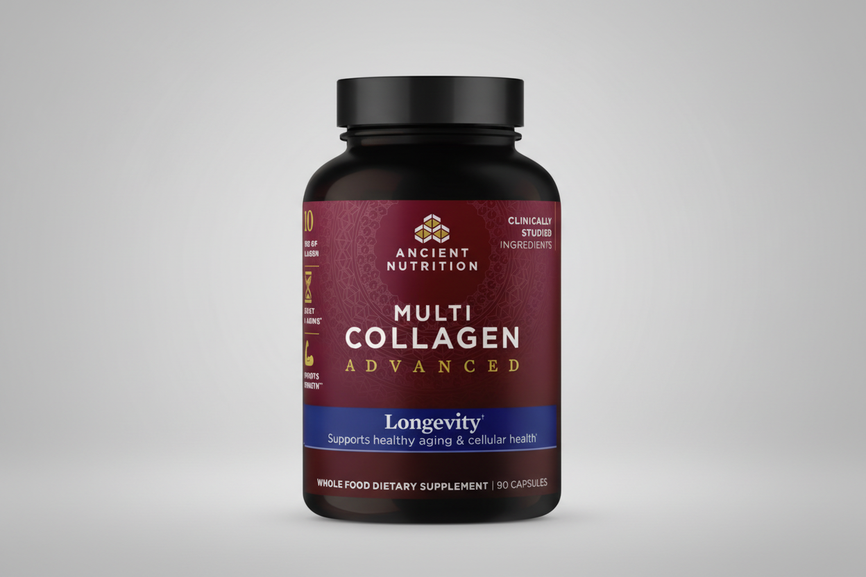 Ancient Nutrition Multi Collagen Advanced supplement bottle on a white background