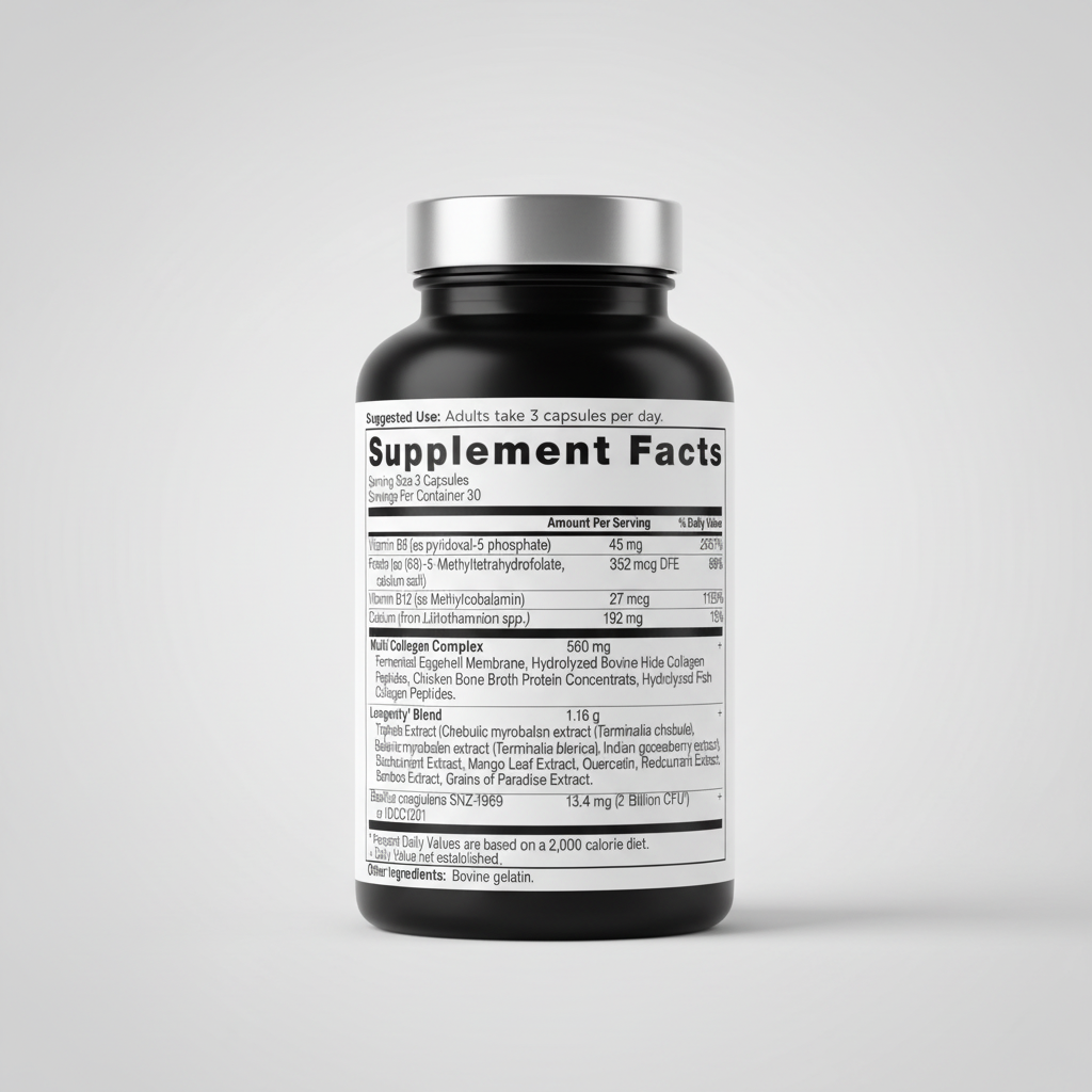 Supplement label with detailed nutritional information and ingredients.