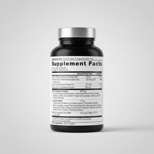 Supplement label with detailed nutritional information and ingredients.