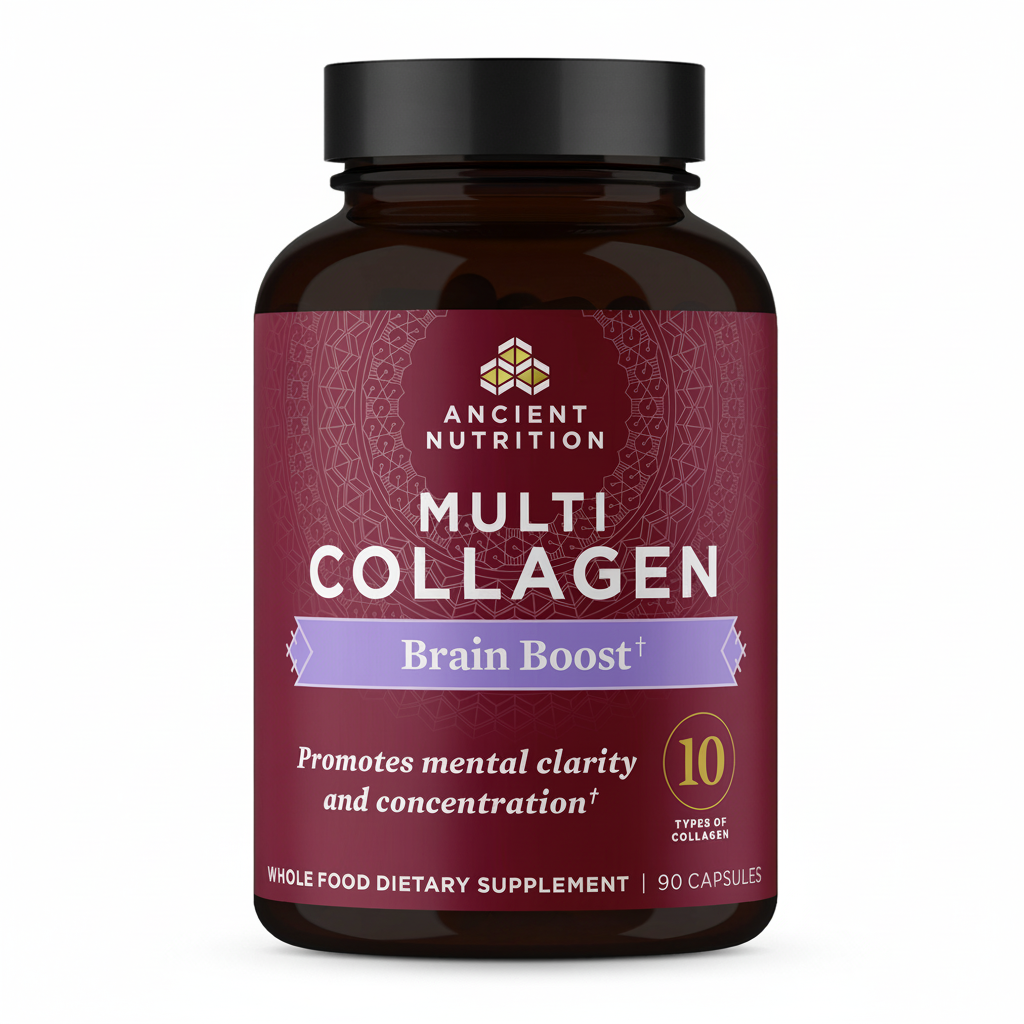 Ancient Nutrition Multi Collagen Brain Boost supplement bottle on a white background