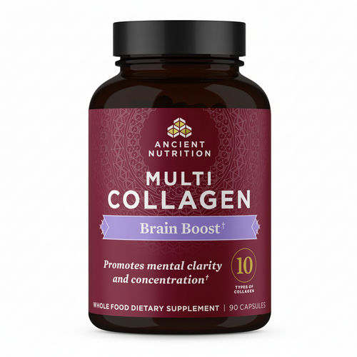 Ancient Nutrition Multi Collagen Brain Boost supplement bottle on a white background