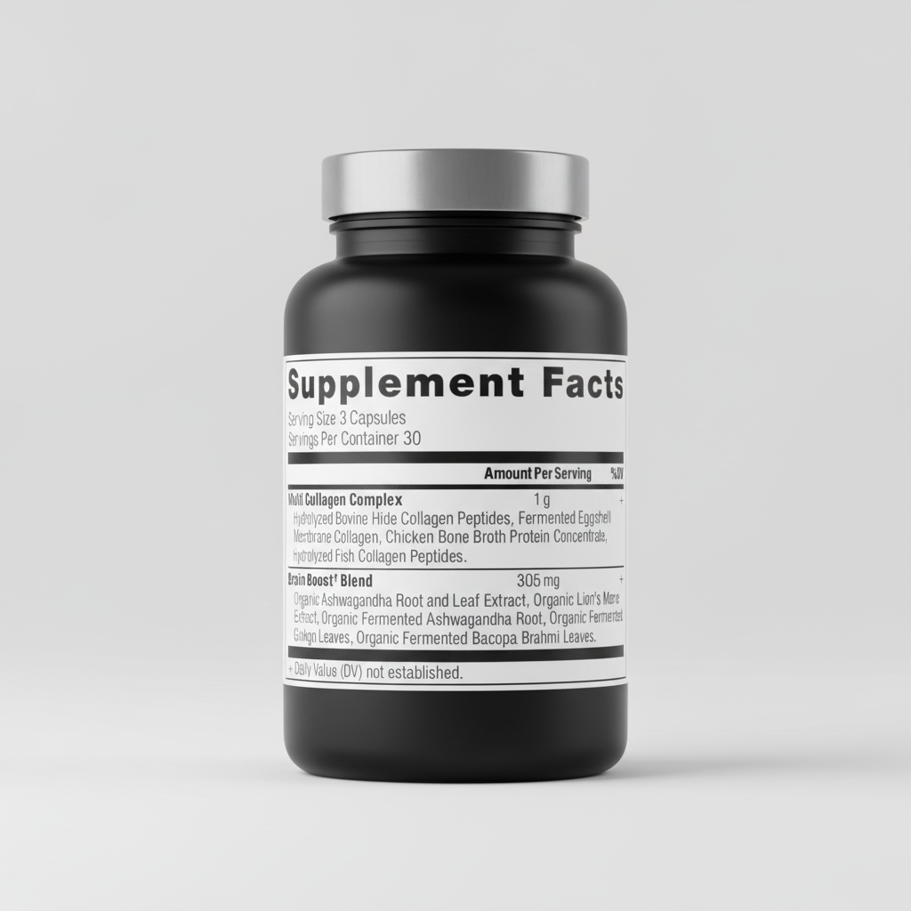 Supplement facts label for a product with collagen complex and brain boost blend.
