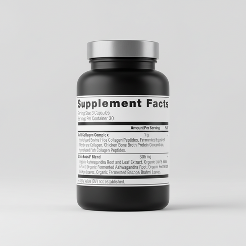 Supplement facts label for a product with collagen complex and brain boost blend.