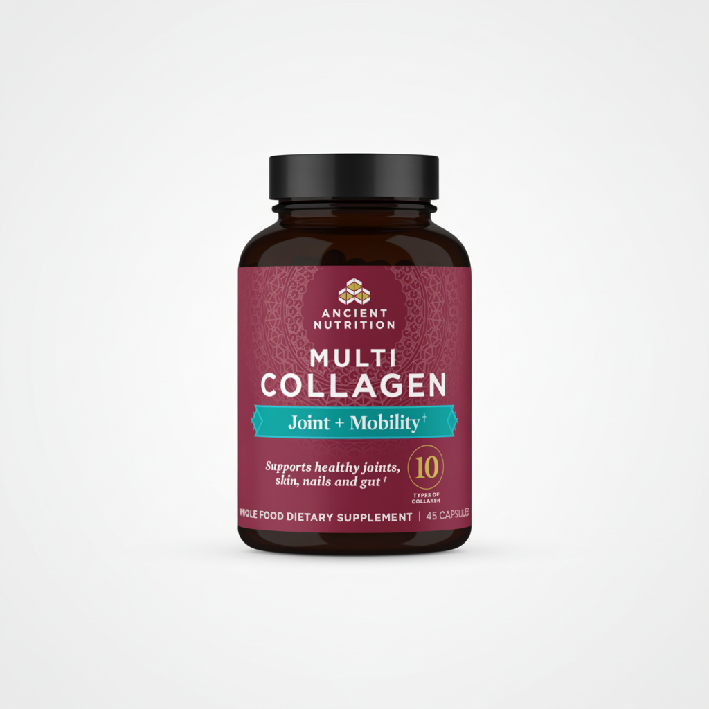 Multicollagen supplement bottle with purple label on a white background
