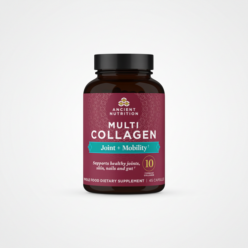 Multicollagen supplement bottle with purple label on a white background