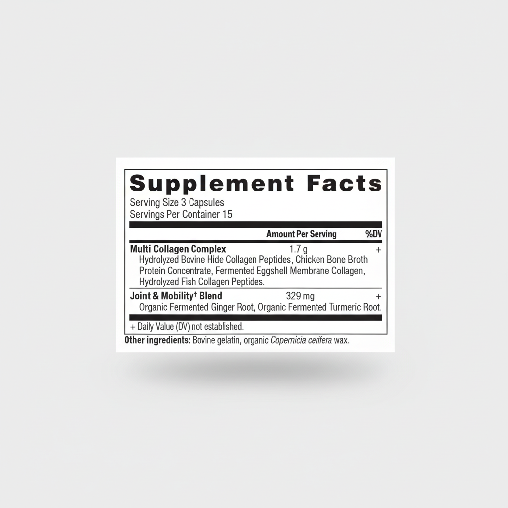 Supplement facts label for a multi-collagen complex and joint mobility blend on a white background.