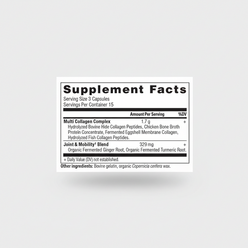 Supplement facts label for a multi-collagen complex and joint mobility blend on a white background.