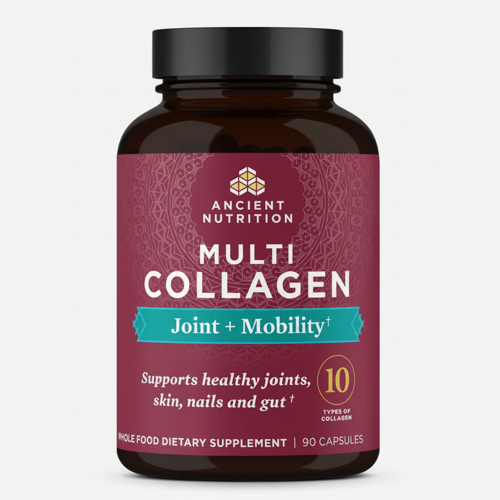Multicollagen supplement bottle with purple label on a white background