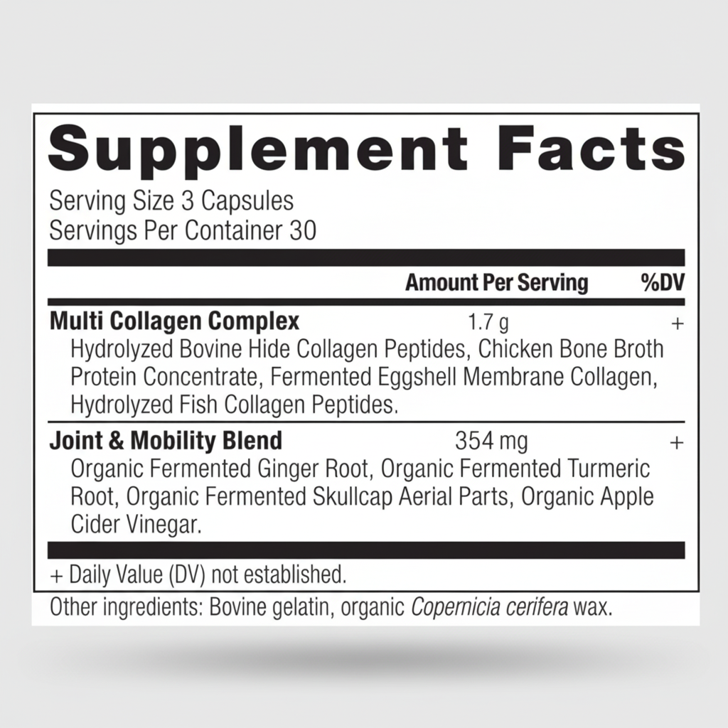 Supplement facts label for a multi-collagen complex and joint mobility blend on a white background.