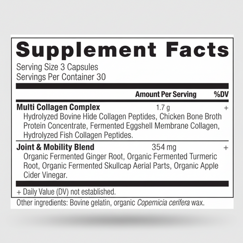Supplement facts label for a multi-collagen complex and joint mobility blend on a white background.
