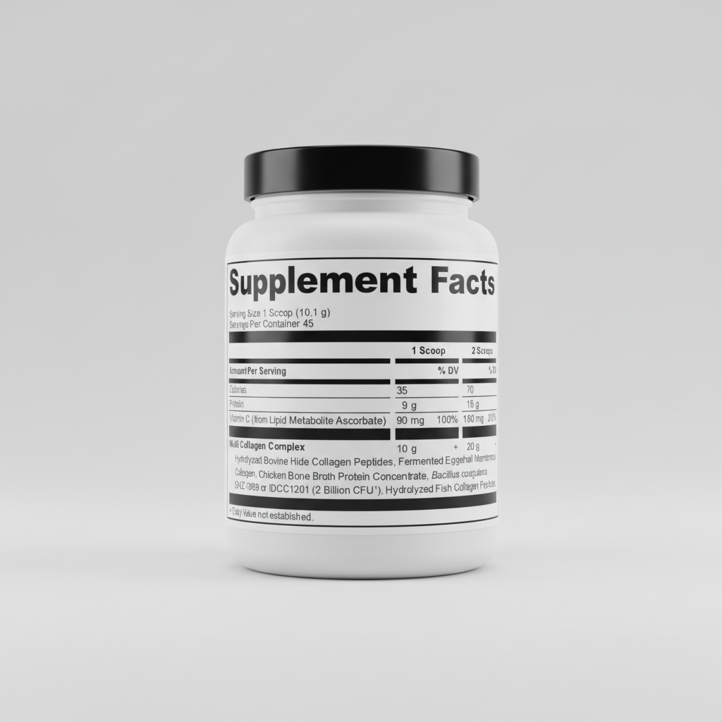 Supplement facts label with detailed nutritional information on a white background