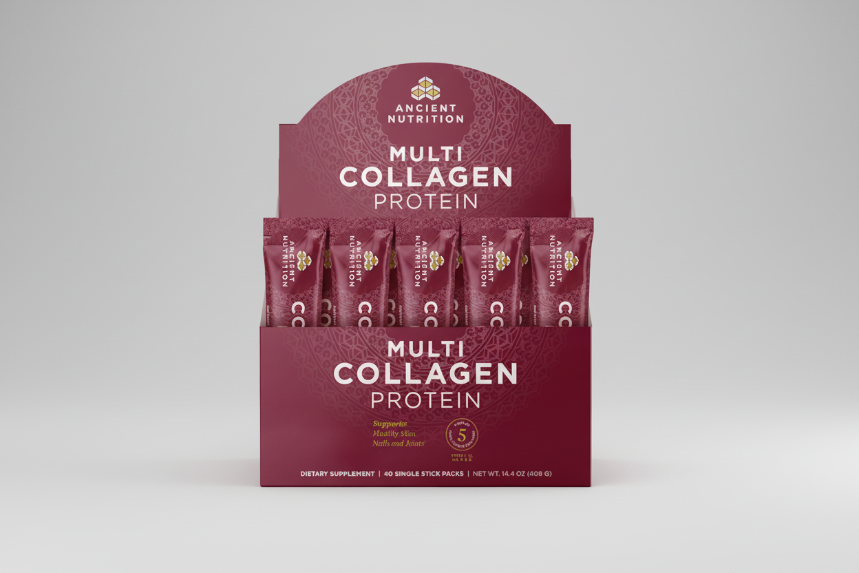 Display of Ancient Nutrition Multi Collagen Protein packets with a maroon box.