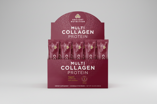 Display of Ancient Nutrition Multi Collagen Protein packets with a maroon box.