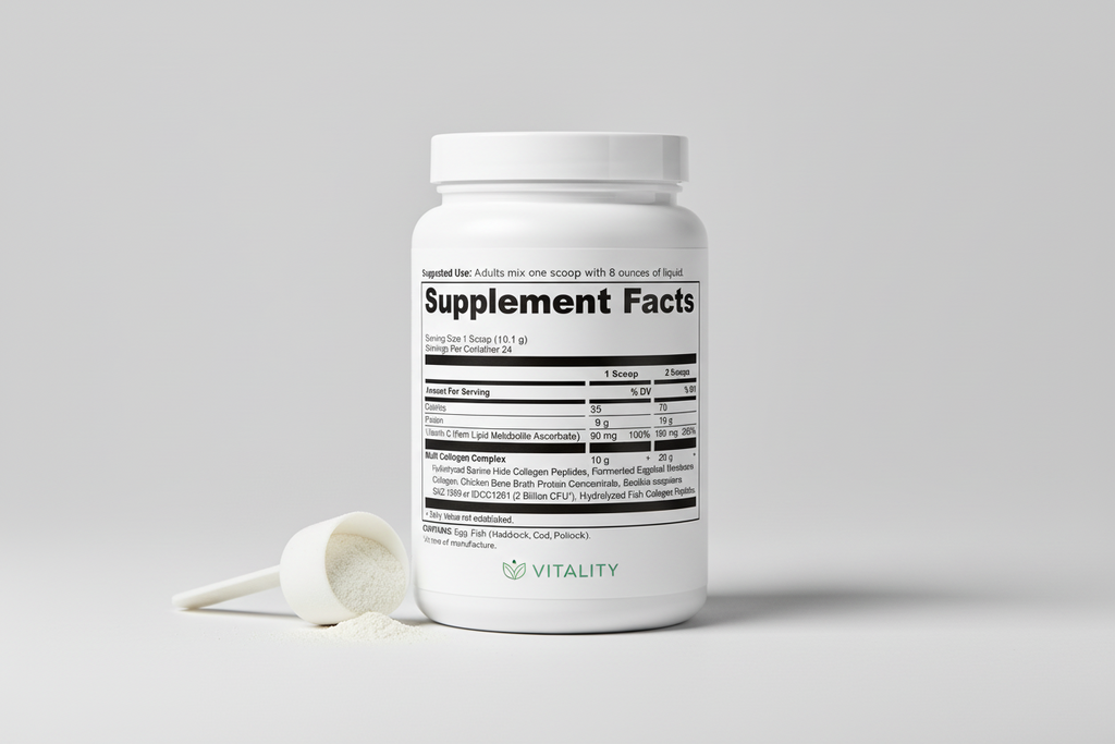 Supplement facts label with detailed nutritional information and ingredients.