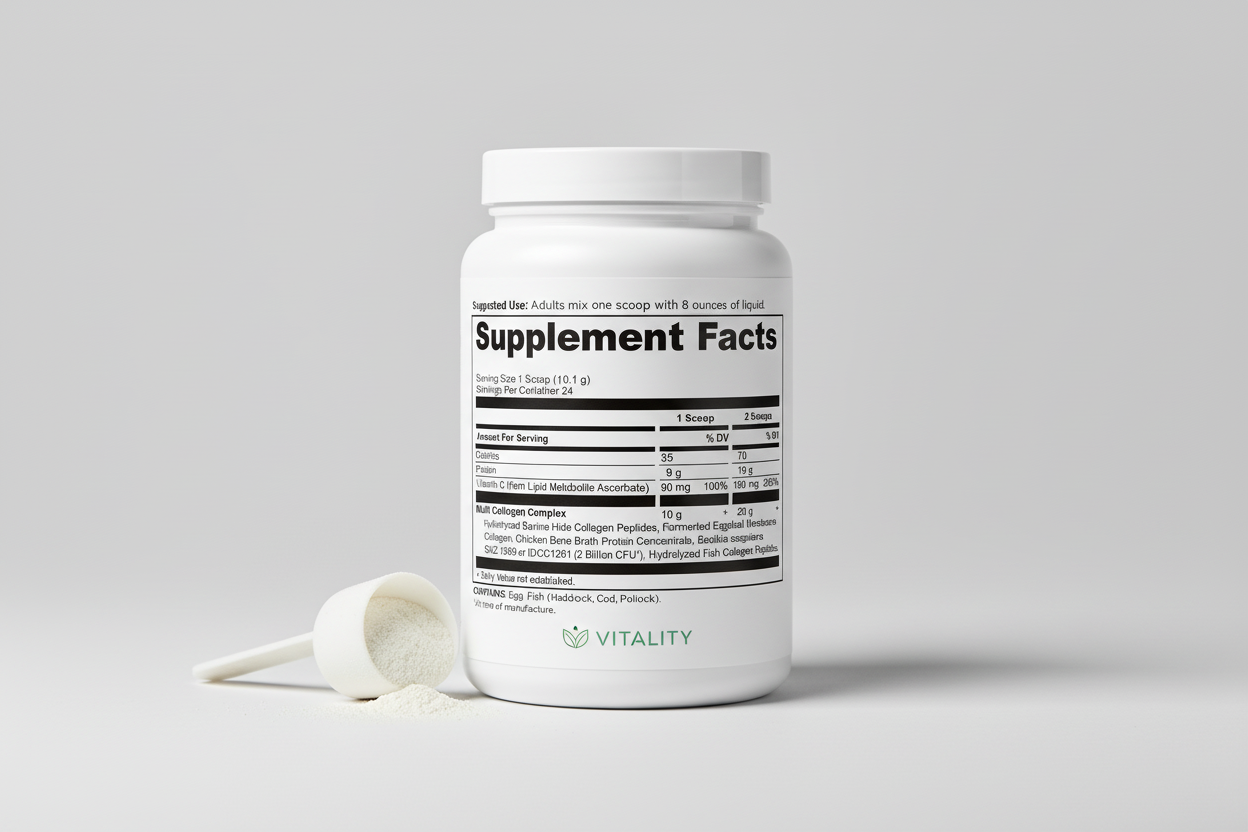Supplement facts label with detailed nutritional information and ingredients.