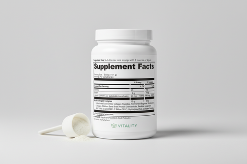 Supplement facts label with detailed nutritional information and ingredients.