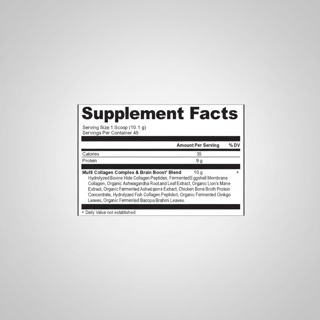 Supplement facts label for a multi collagen complex and brain boost blend.