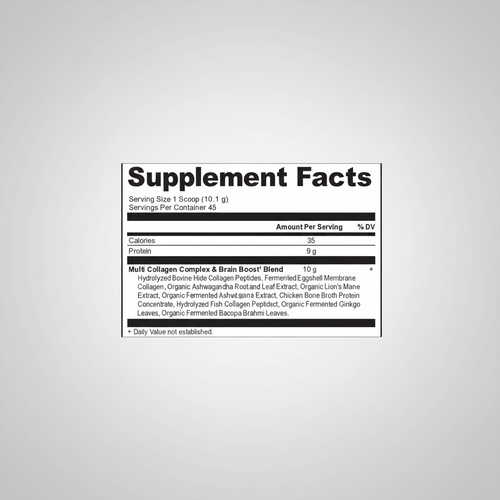 Supplement facts label for a multi collagen complex and brain boost blend.