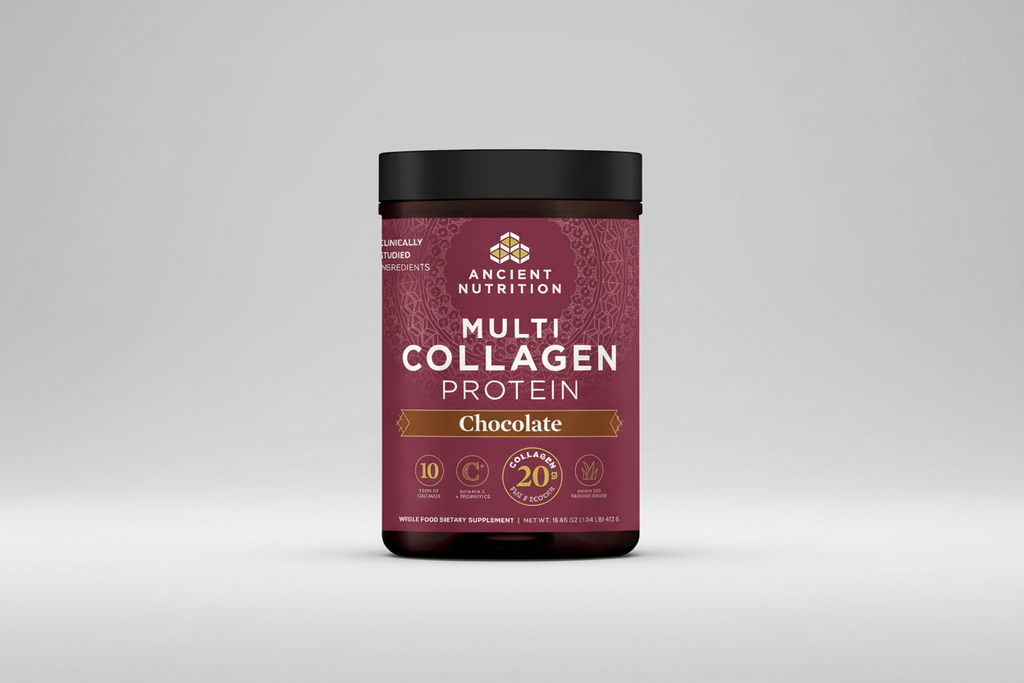 Container of Ancient Nutrition Multi Collagen Protein in chocolate flavor on a white background