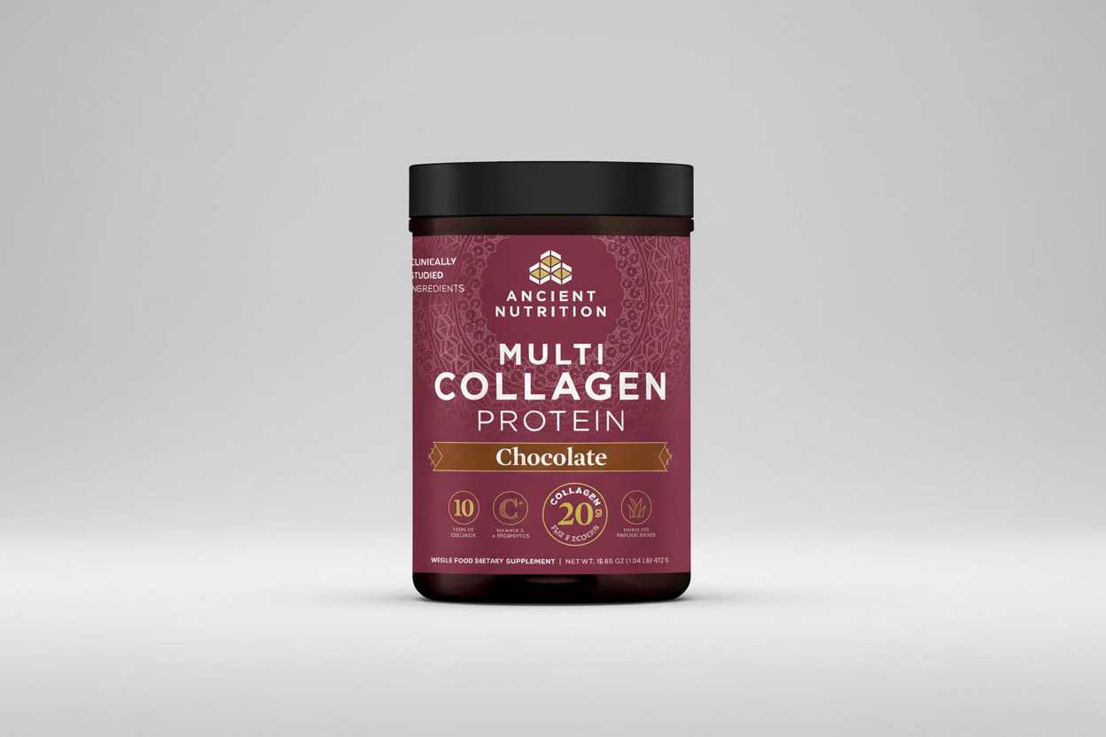 Container of Ancient Nutrition Multi Collagen Protein in chocolate flavor on a white background