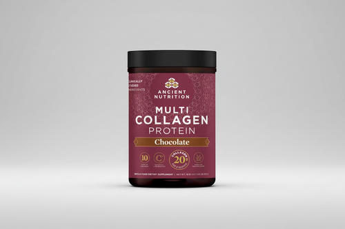 Container of Ancient Nutrition Multi Collagen Protein in chocolate flavor on a white background