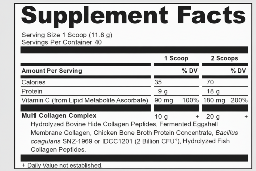 Supplement facts label with nutritional information and ingredients listed.