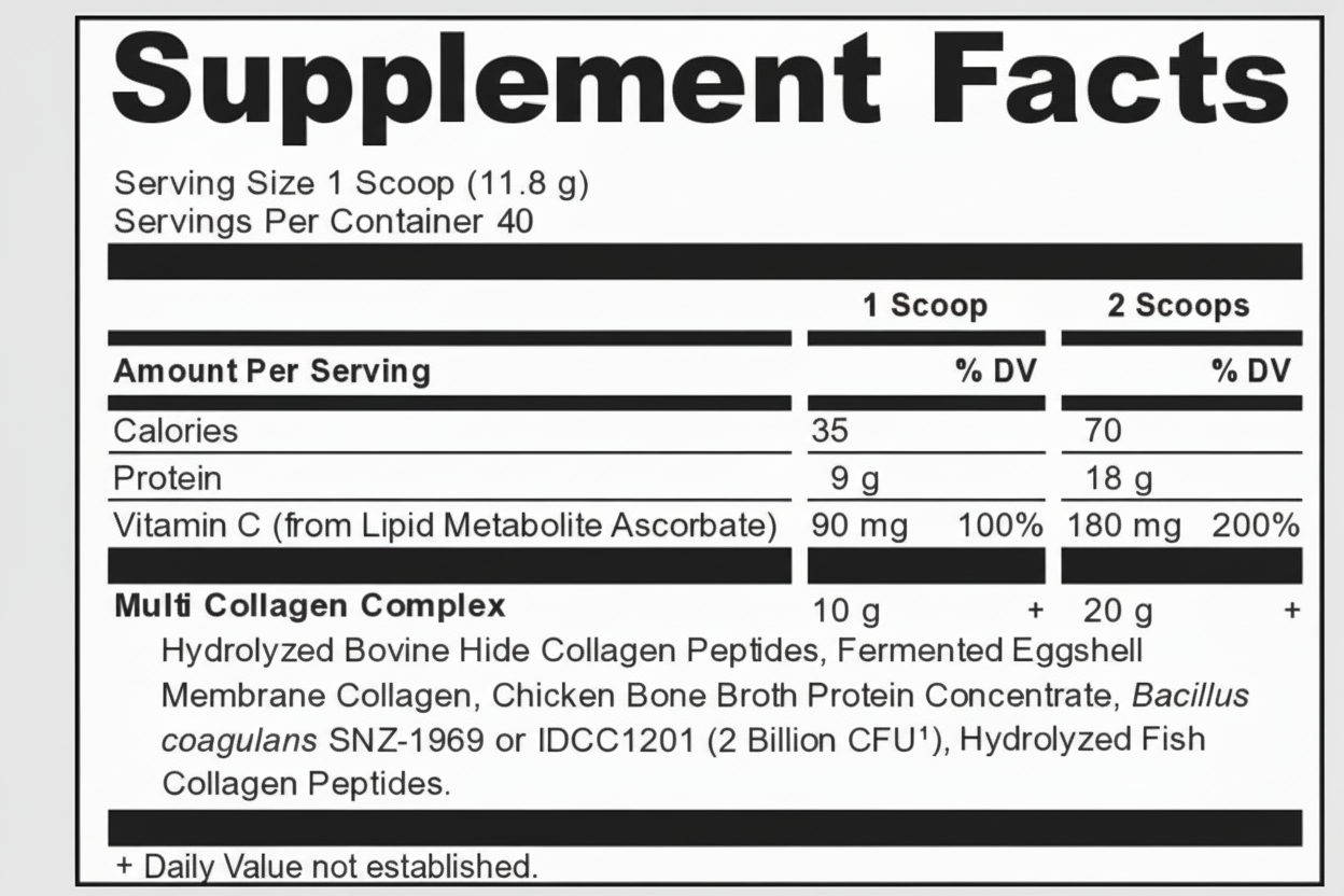 Supplement facts label with nutritional information and ingredients listed.
