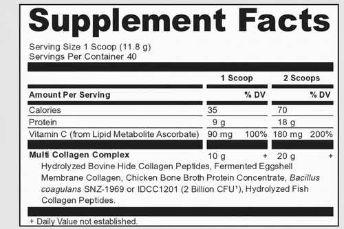 Supplement facts label with nutritional information and ingredients listed.