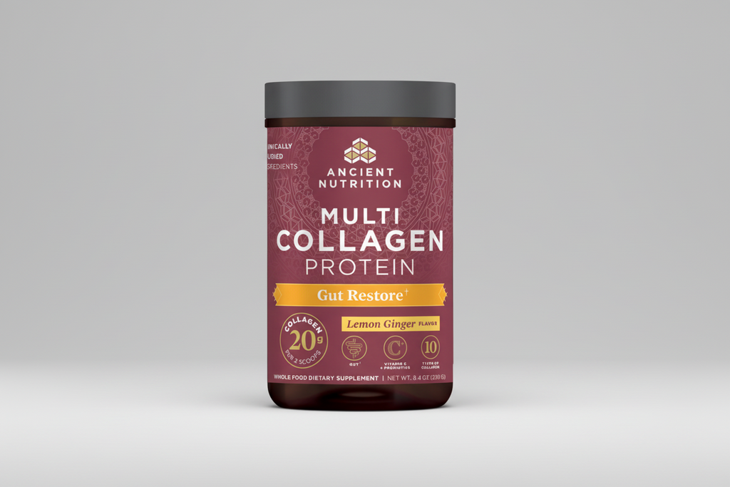 Ancient Nutrition Multi Collagen Protein container with purple label on a white background