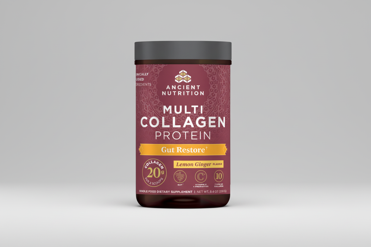 Ancient Nutrition Multi Collagen Protein container with purple label on a white background