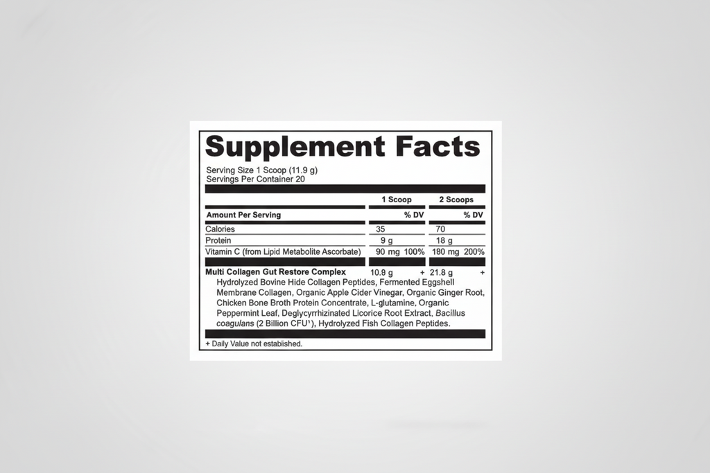 Supplement facts label for a product with detailed nutritional information and ingredients.