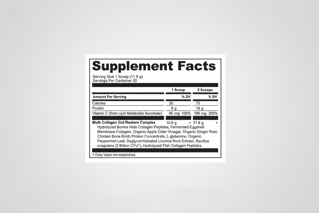 Supplement facts label for a product with detailed nutritional information and ingredients.