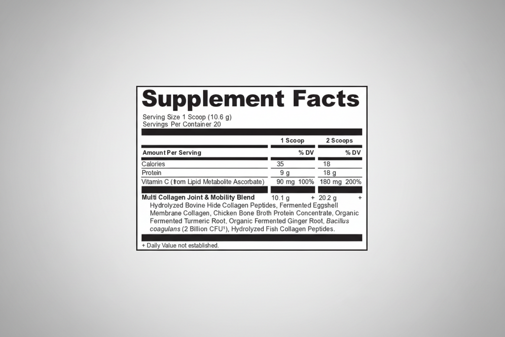 Supplement facts label for a product with serving size, servings per container, and nutritional information.