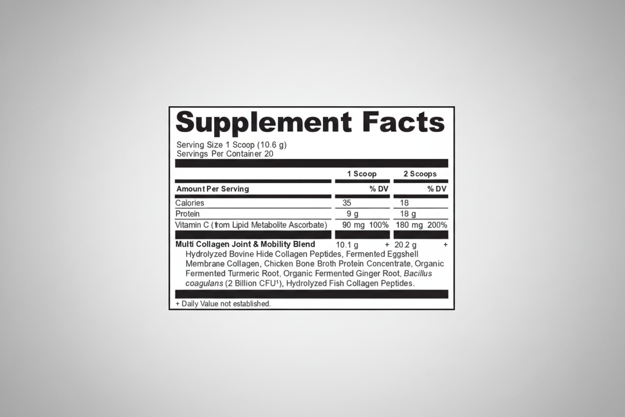Supplement facts label for a product with serving size, servings per container, and nutritional information.