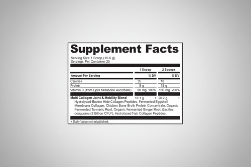 Supplement facts label for a product with serving size, servings per container, and nutritional information.