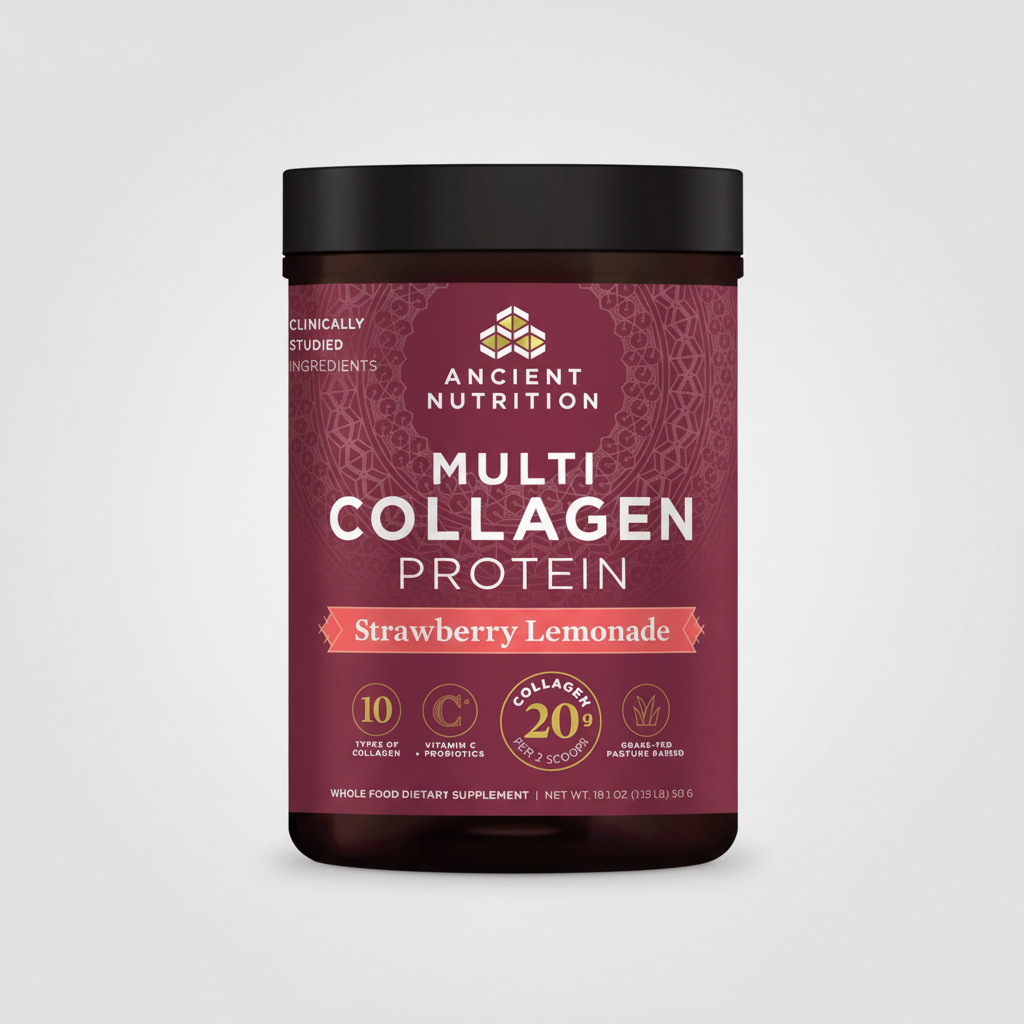 Ancient Nutrition Multi Collagen Protein container with strawberry lemonade flavor on a white background